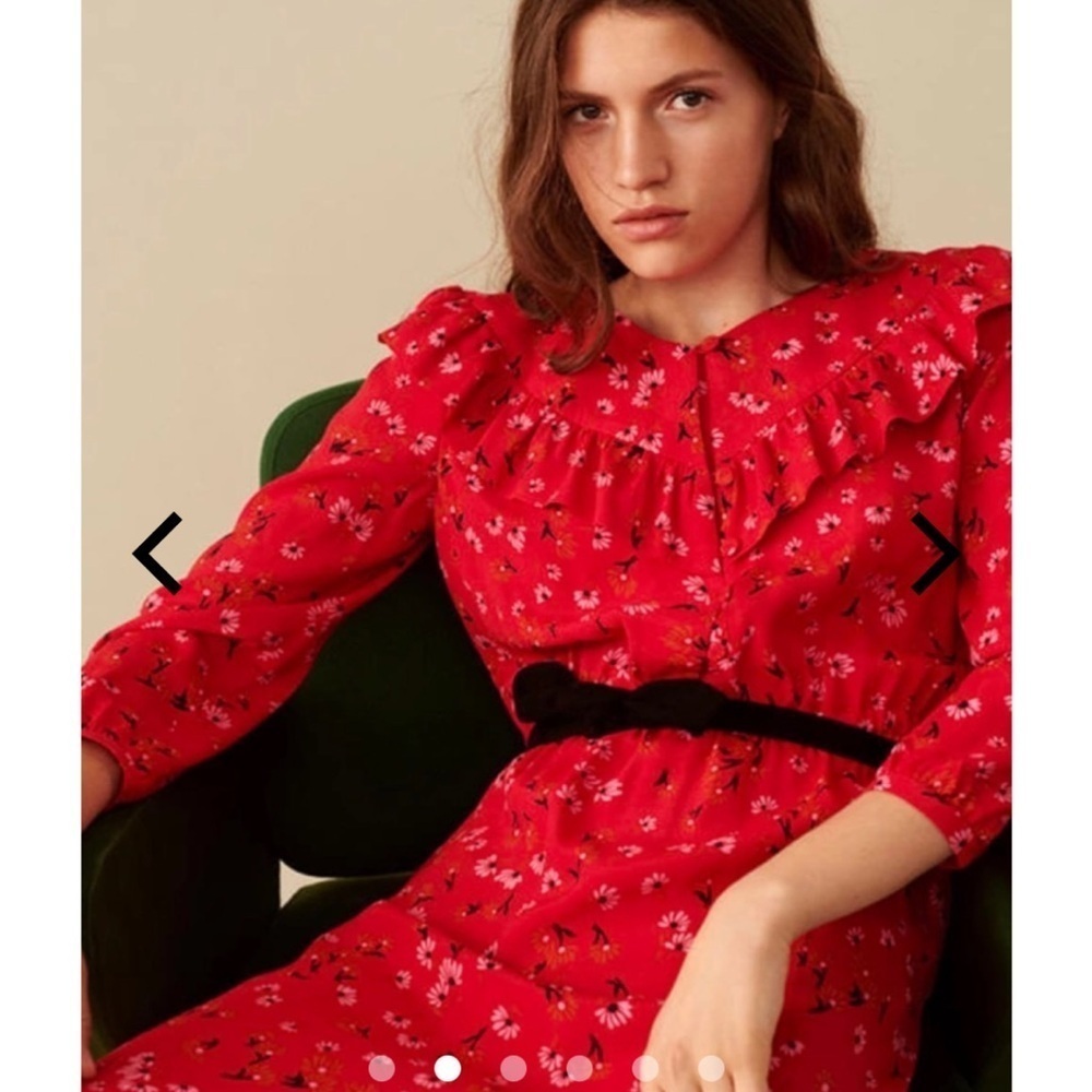Tara Jarmon Red Midi Dress Women’s Long Sleeve Ruffled Button Front Floral 36 - Picture 4 of 10